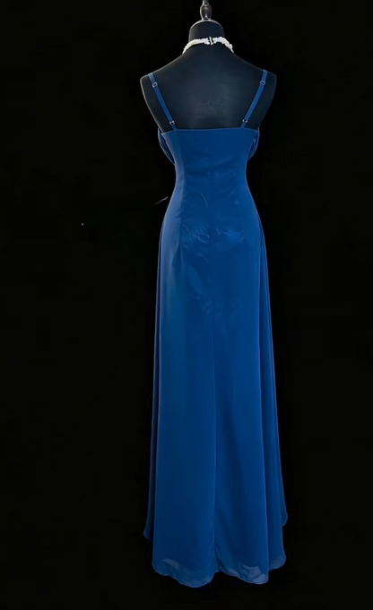 Elegant Navy Blue Prom Dress Straps Sheath Chiffon Long Evening Dress ED09473