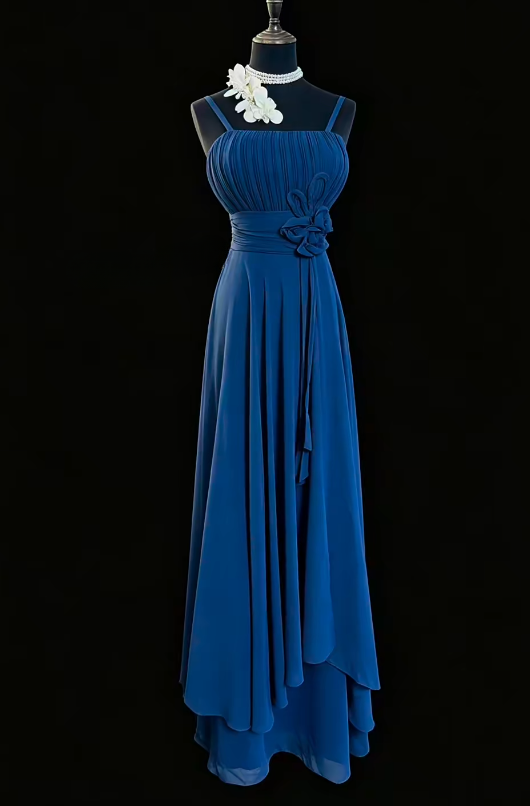 Elegant Navy Blue Prom Dress Straps Sheath Chiffon Long Evening Dress ED09473