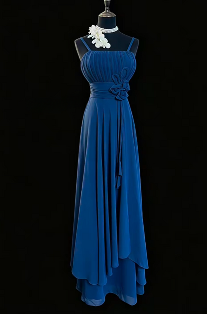 Elegant Navy Blue Prom Dress Straps Sheath Chiffon Long Evening Dress ED09473