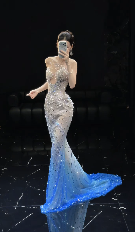 Elegant Blue  Prom Dress Sweetheart Sheath Beaded Tulle Long Evening Dress ED09474