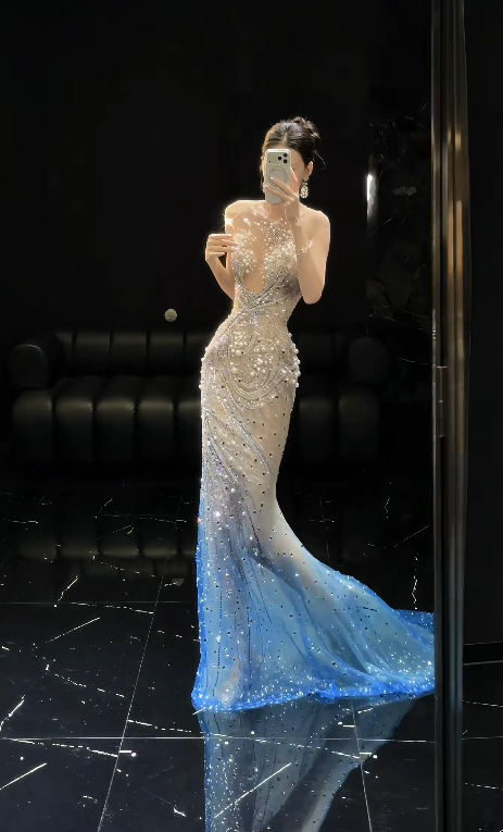 Elegant Blue  Prom Dress Sweetheart Sheath Beaded Tulle Long Evening Dress ED09474