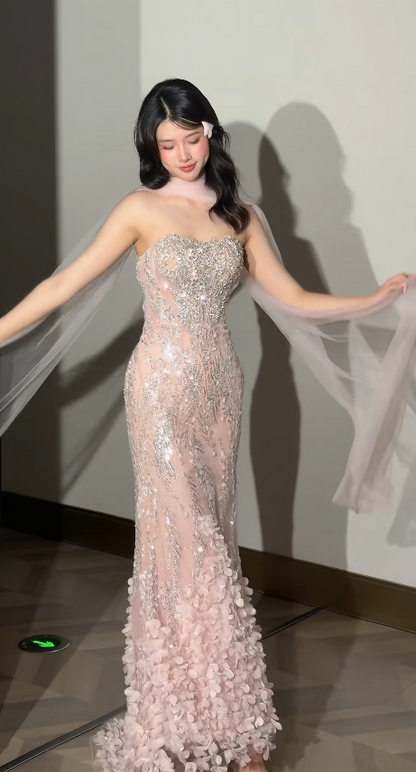 egant Pink  Prom Dress Sweetheart Sheath Beaded Tulle Long Evening Dress ED09475