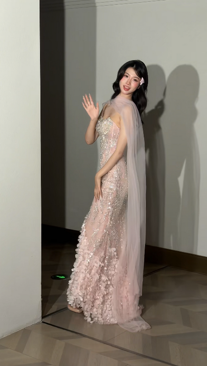 egant Pink  Prom Dress Sweetheart Sheath Beaded Tulle Long Evening Dress ED09475