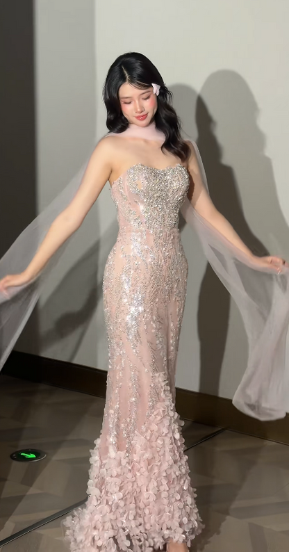 egant Pink  Prom Dress Sweetheart Sheath Beaded Tulle Long Evening Dress ED09475