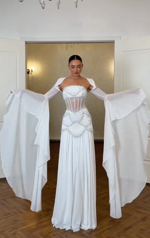 Elegant WhiteProm Dress Strapless Sheath Chiffon Long Evening Dress ED09477