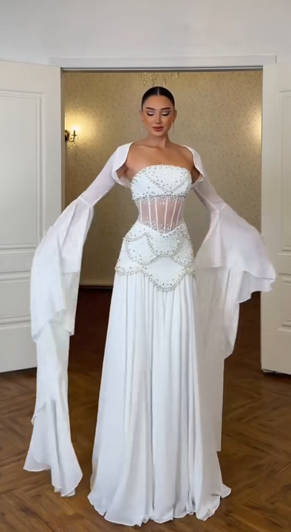 Elegant WhiteProm Dress Strapless Sheath Chiffon Long Evening Dress ED09477