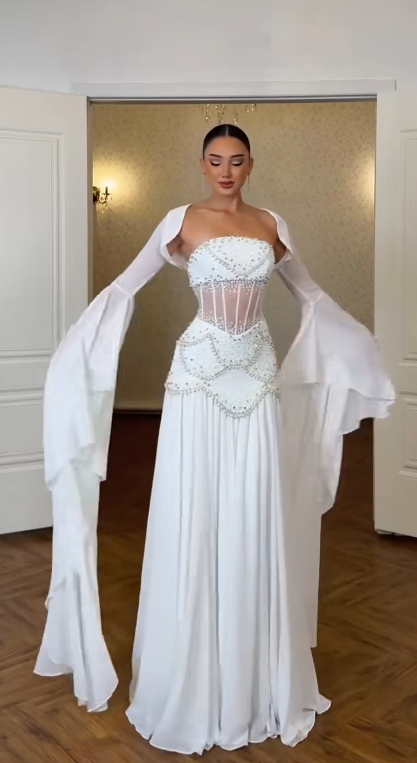 Elegant WhiteProm Dress Strapless Sheath Chiffon Long Evening Dress ED09477