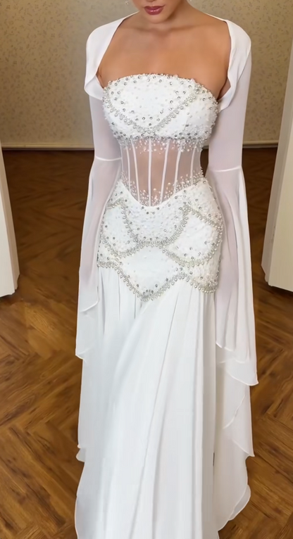 Elegant WhiteProm Dress Strapless Sheath Chiffon Long Evening Dress ED09477