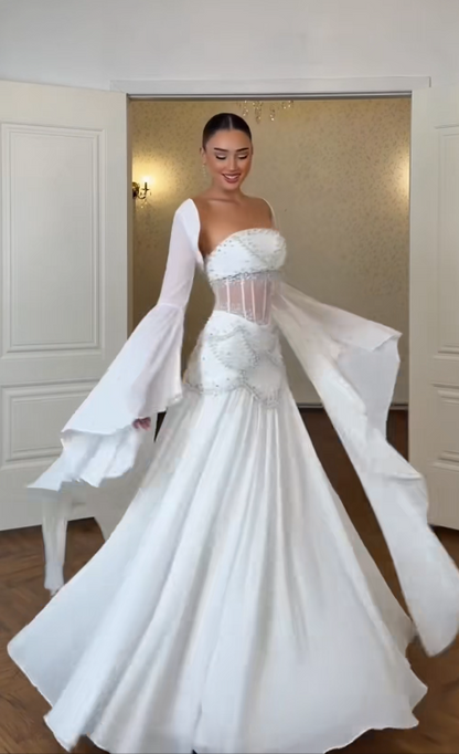 Elegant WhiteProm Dress Strapless Sheath Chiffon Long Evening Dress ED09477