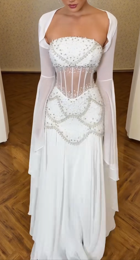 Elegant WhiteProm Dress Strapless Sheath Chiffon Long Evening Dress ED09477