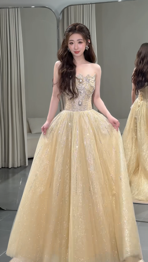 Elegant Yellow Prom Dress Strapless A-Line Beaded Tulle Long Evening Dress ED09478