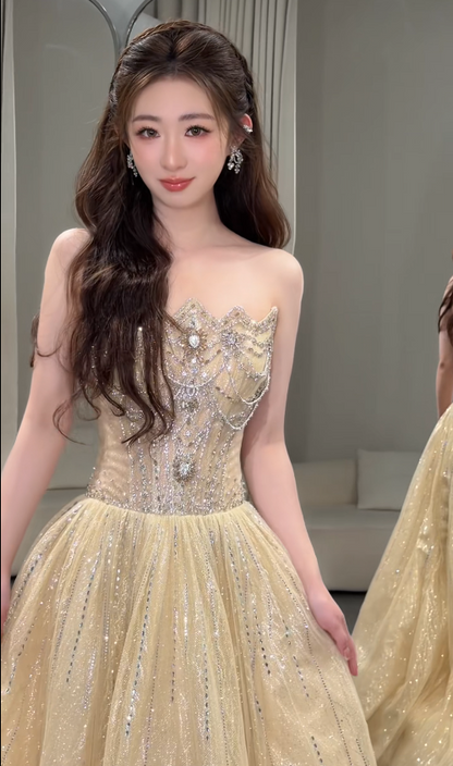 Elegant Yellow Prom Dress Strapless A-Line Beaded Tulle Long Evening Dress ED09478
