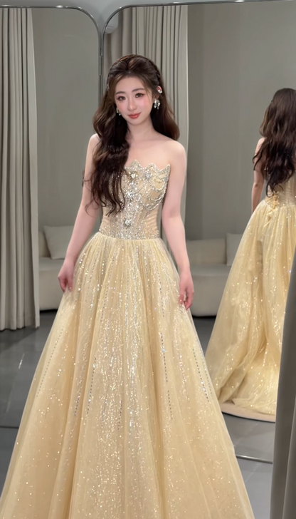 Elegant Yellow Prom Dress Strapless A-Line Beaded Tulle Long Evening Dress ED09478
