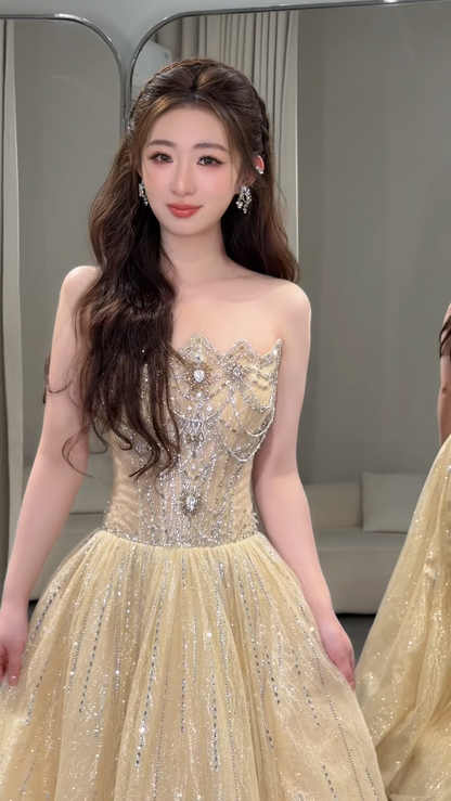 Elegant Yellow Prom Dress Strapless A-Line Beaded Tulle Long Evening Dress ED09478