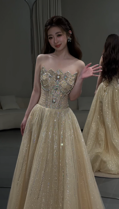 Elegant Yellow Prom Dress Strapless A-Line Beaded Tulle Long Evening Dress ED09478