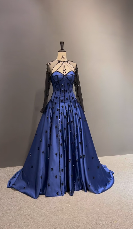 Elegant Navy Blue Prom Dress Sweetheart A-Line Beaded Satin Long Evening Dress ED09479