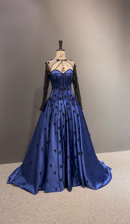 Elegant Navy Blue Prom Dress Sweetheart A-Line Beaded Satin Long Evening Dress ED09479