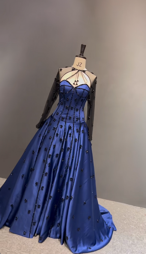 Elegant Navy Blue Prom Dress Sweetheart A-Line Beaded Satin Long Evening Dress ED09479
