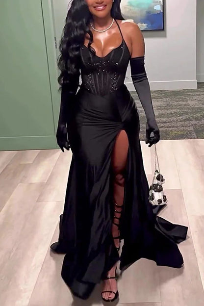 Elegant Black Prom Dress Halter Sheath Chiffon Long Evening Dress ED09480