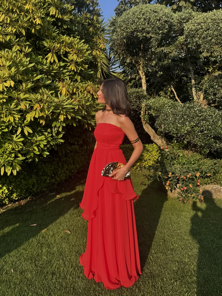 Elegant Red Prom Dress Strapless Sheath Chiffon Long Evening Dress ED09482