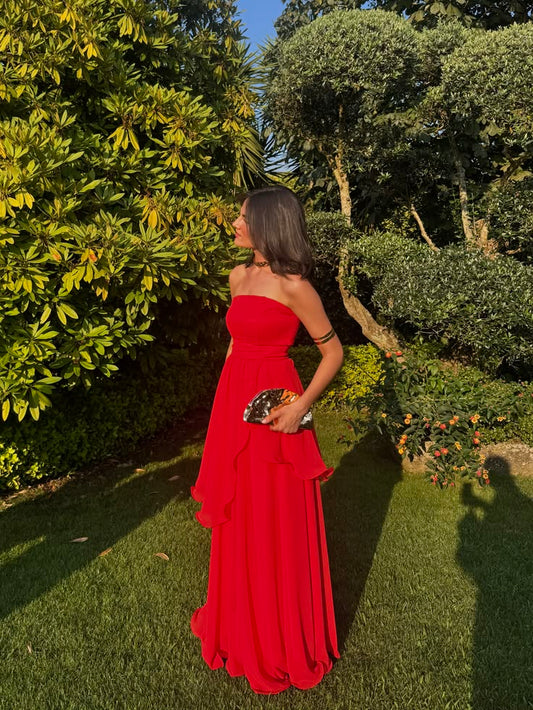Elegant Red Prom Dress Strapless Sheath Chiffon Long Evening Dress ED09482