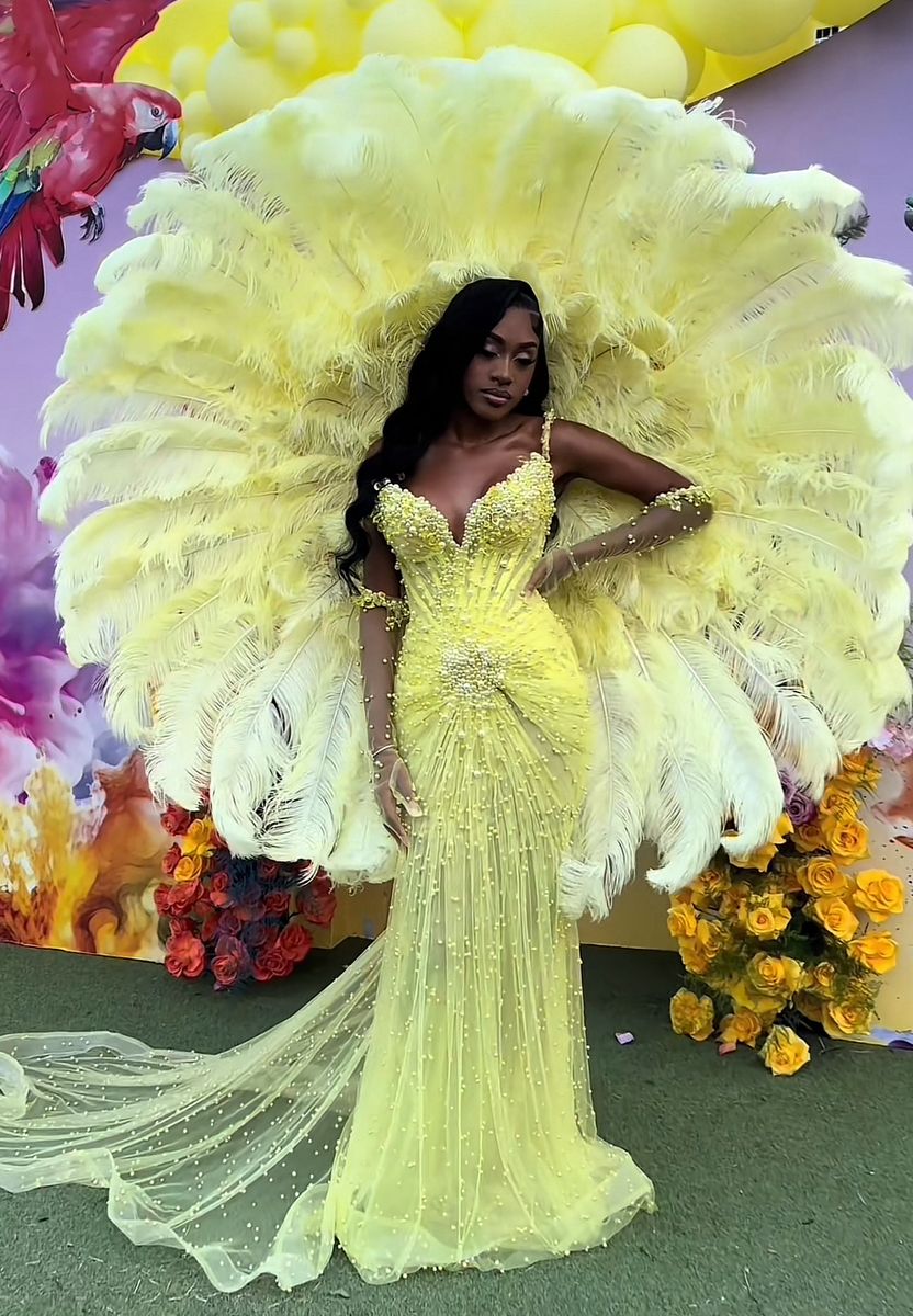 Elegant Yellow Prom Dress Straps Mermaid Tulle Beaded Long Evening Dress ED09483