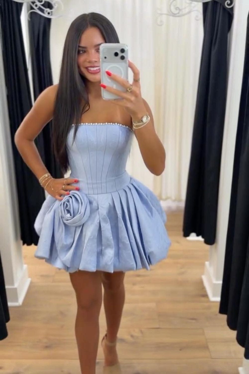 Elegant Blue Short Prom Dress Strapless A-Line Homecoming Dress Satin Dress for Party ED09488