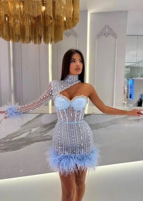 Elegantes kurzes blaues Ballkleid, trägerloses Etuikleid für den Abschlussball, Tüll-Perlenkleid für Partys ED09489