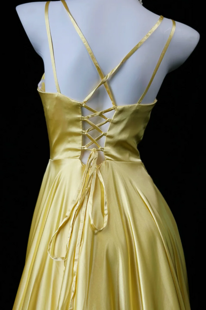 Elegant Yellow Long Prom Dress Straps Sheath Satin Long Evening Dress ED09492