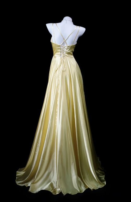 Elegant Yellow Long Prom Dress Straps Sheath Satin Long Evening Dress ED09492