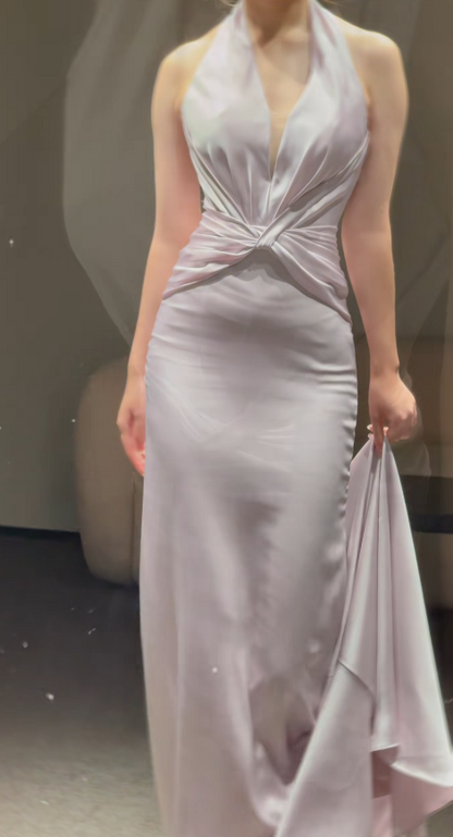 Elegant Light Purple Long Prom Dress Halter Sheath Satin Long Evening Dress ED09493