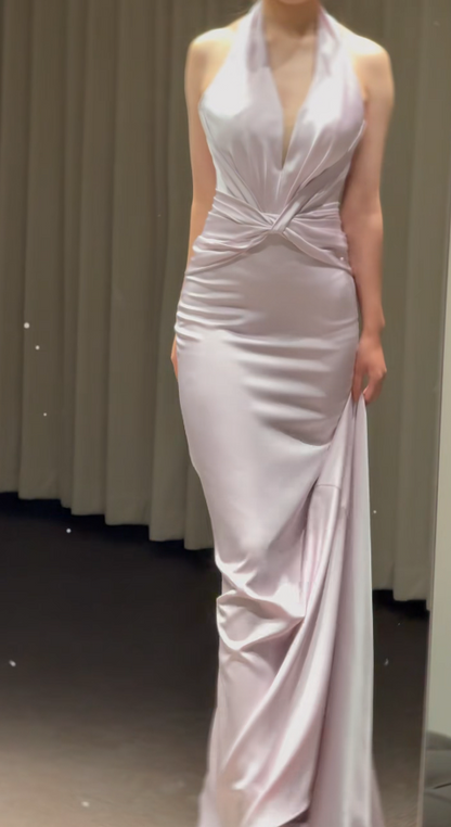 Elegant Light Purple Long Prom Dress Halter Sheath Satin Long Evening Dress ED09493
