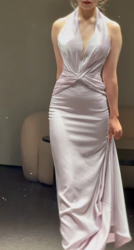 Elegant Light Purple Long Prom Dress Halter Sheath Satin Long Evening Dress ED09493