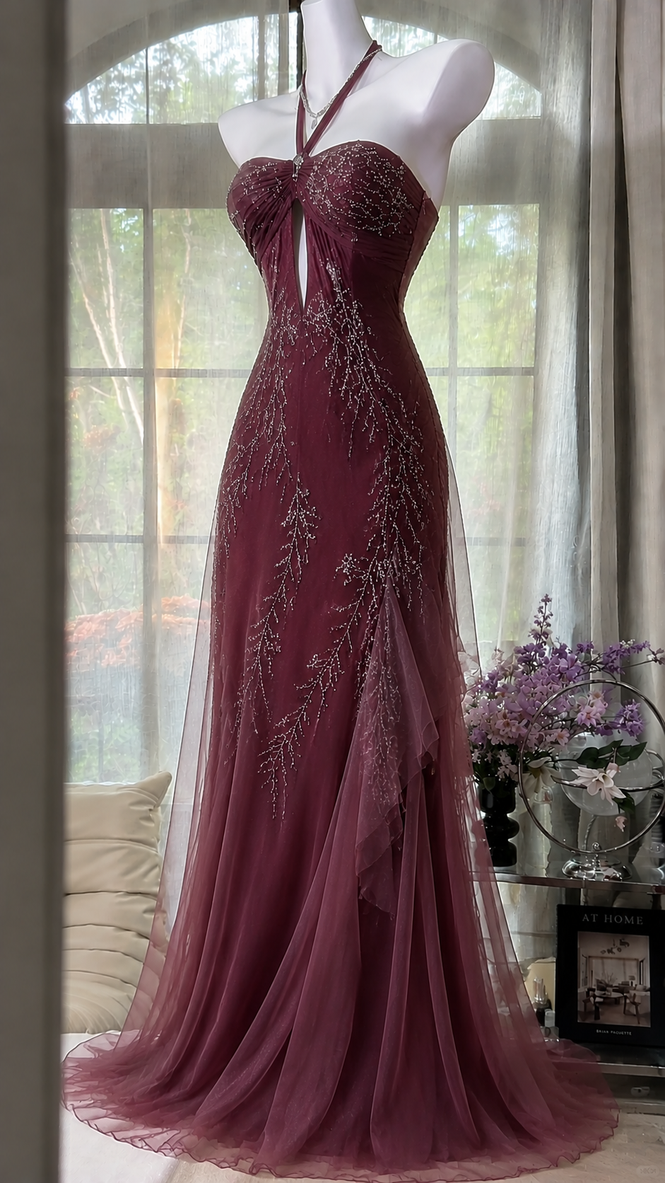 Elegant Burgundy Long Prom Dress Halter Sheath Chiffon Beaded Long Evening Dress ED09495