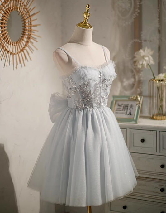 Graues A-Linien-Geburtstagskleid aus Netzstoff mit Pailletten und Perlen, graues Homecoming-Kleid ED0949