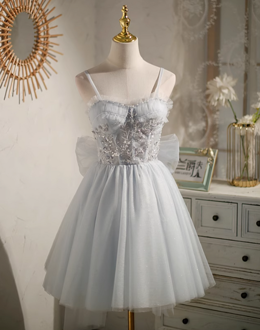 Graues A-Linien-Geburtstagskleid aus Netzstoff mit Pailletten und Perlen, graues Homecoming-Kleid ED0949
