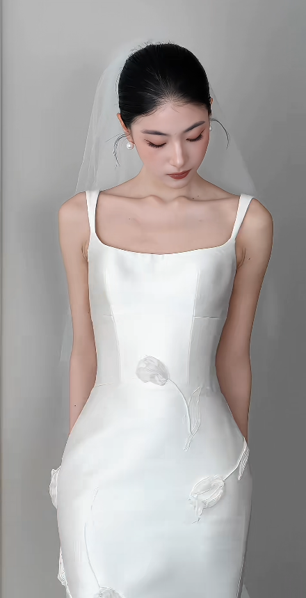 Elegant White Wedding Dress Straps Bridal Gown Sheath Satin Bridal Dress ED09504