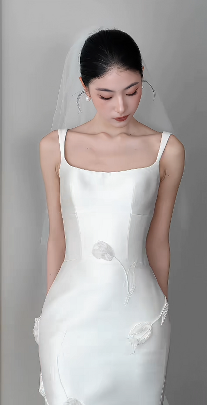 Elegant White Wedding Dress Straps Bridal Gown Sheath Satin Bridal Dress ED09504