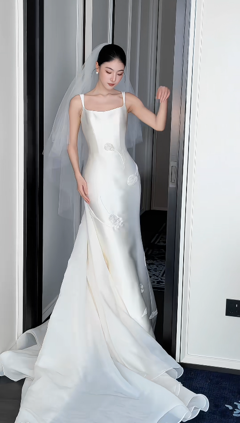 Elegant White Wedding Dress Straps Bridal Gown Sheath Satin Bridal Dress ED09504