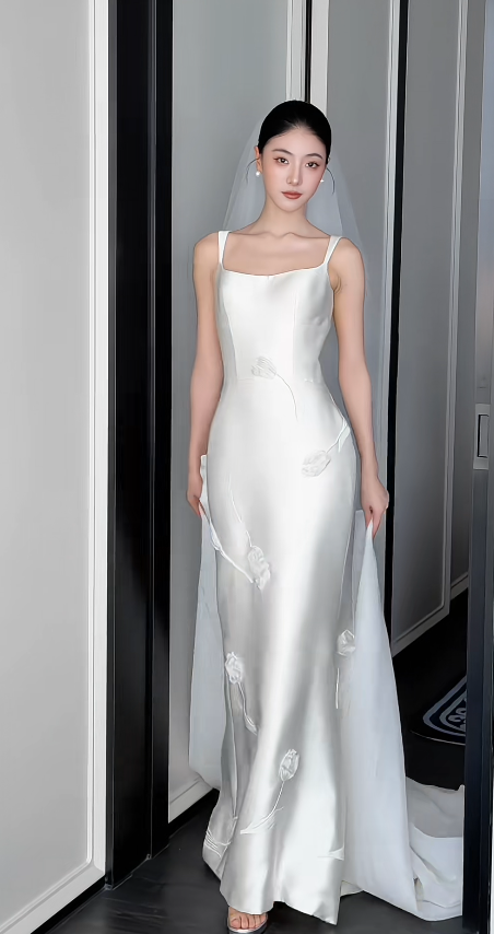 Elegant White Wedding Dress Straps Bridal Gown Sheath Satin Bridal Dress ED09504