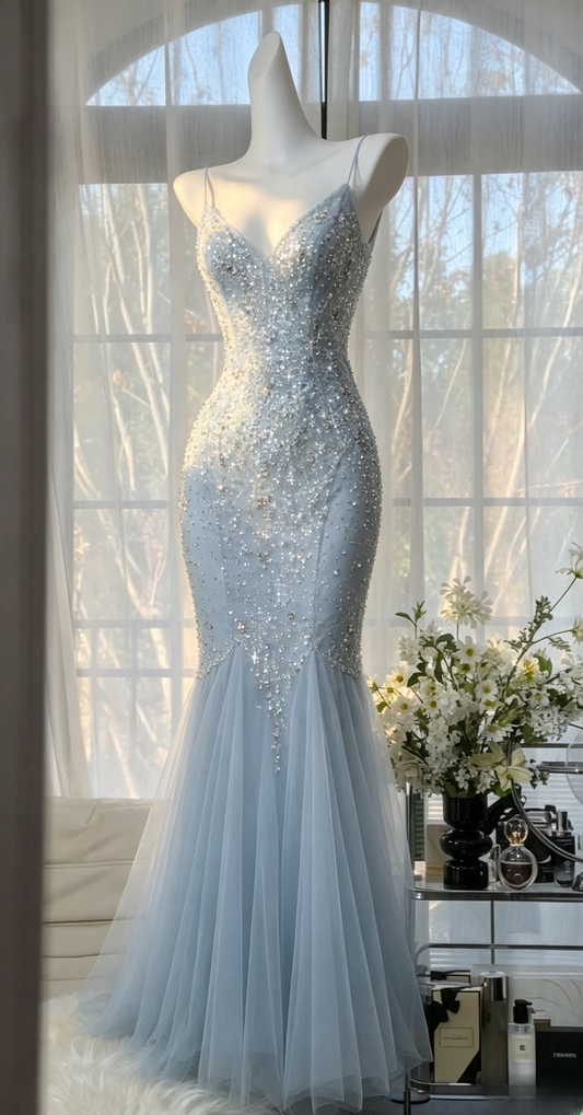 Vintage Meerblaues Ballkleid Spaghettiträger Meerjungfrau Tüll Pailletten Langes Abendkleid ED09506