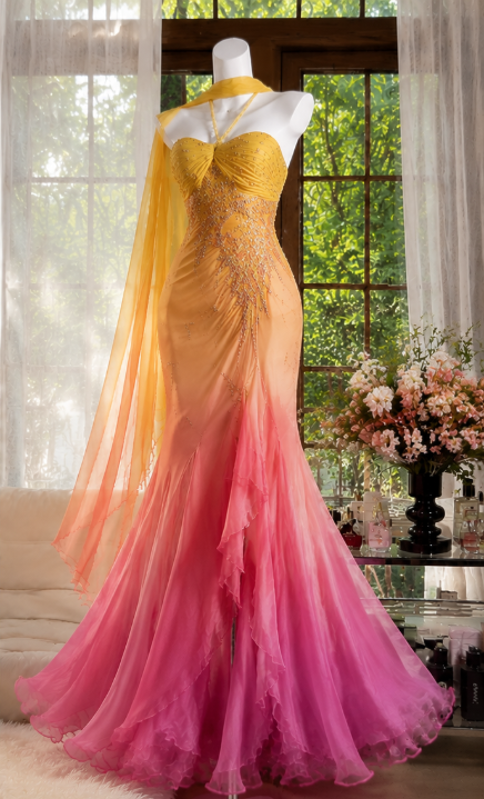 Robe de bal vintage jaune/rose dos nu sirène en mousseline longue ED09508