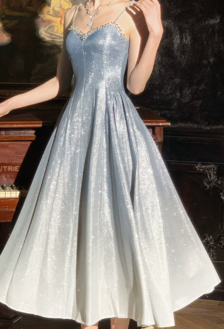 Vintage Blue Prom Dress Straps A-Line Satin Long Evening Dress ED09509