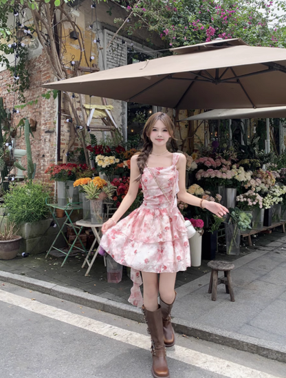 Unregelmäßiges rosa Blumen-Hosenträgerkleid ED0951