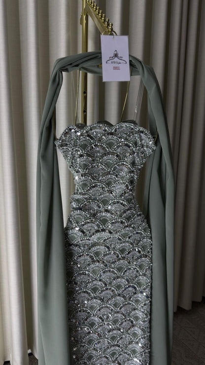 Robe de bal vintage vert menthe, fourreau en mousseline avec perles, longue robe de soirée ED09511