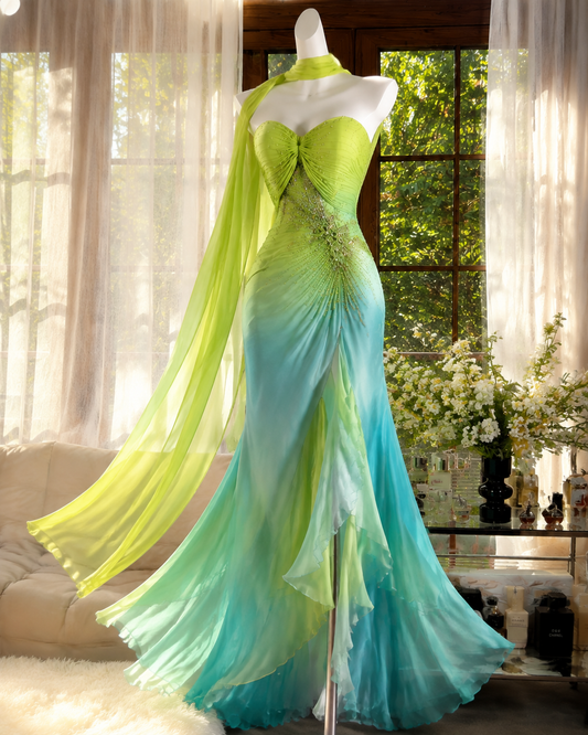 Vintage Green Prom Dress Sweetheart Sheath Chiffon Beaded Long Evening Dress ED09513