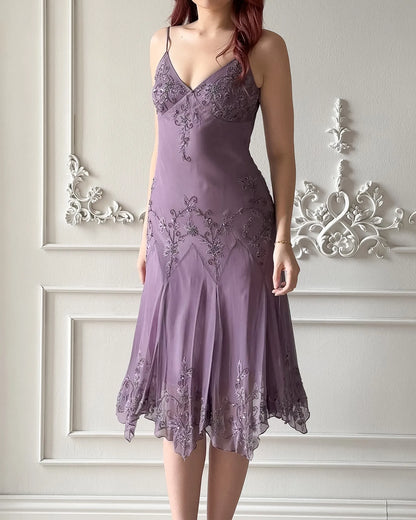 Vintage Purple Prom Dress Straps Sheath Chiffon Beaded Long Evening Dress ED09514