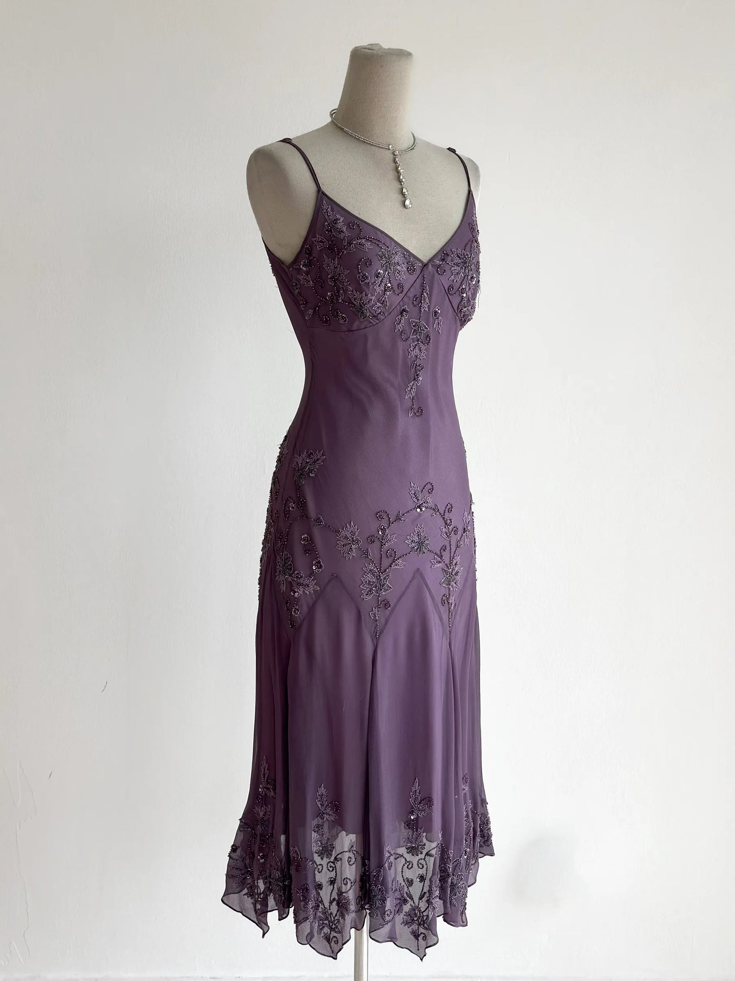 Vintage Purple Prom Dress Straps Sheath Chiffon Beaded Long Evening Dress ED09514