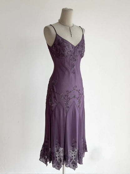 Vintage Purple Prom Dress Straps Sheath Chiffon Beaded Long Evening Dress ED09514
