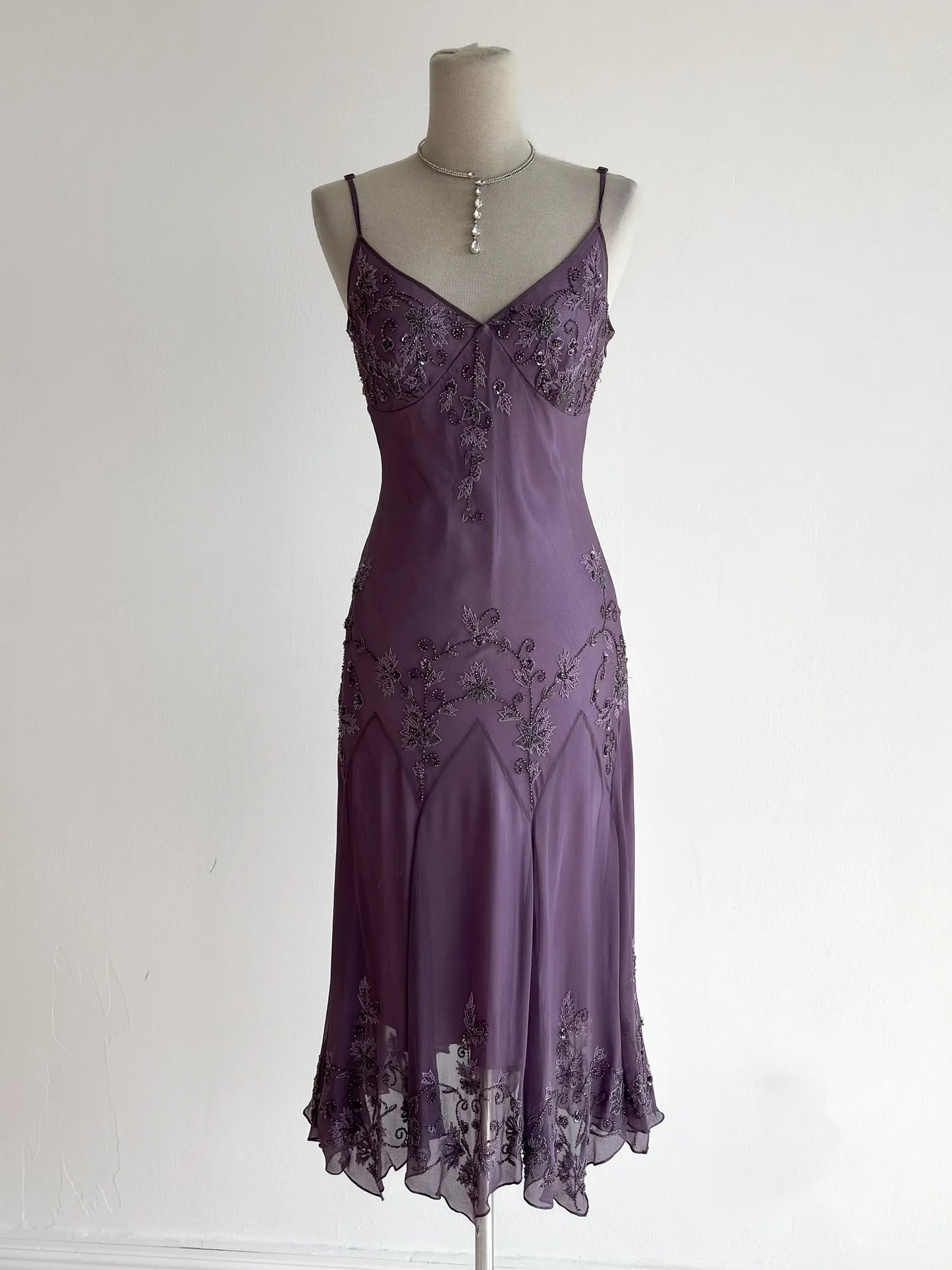 Vintage Purple Prom Dress Straps Sheath Chiffon Beaded Long Evening Dress ED09514